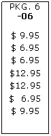 Text Box: PKG. 6-06$ 9.95$ 6.95$ 6.95$12.95$12.95$  6.95$ 9.95 